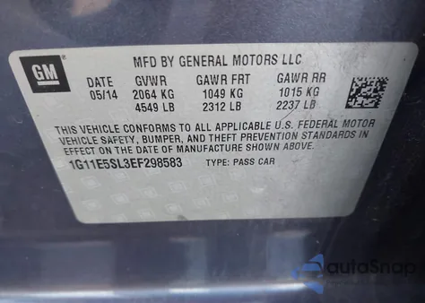 2014 Chevrolet Malibu 2Lt from USA, damaged, VIN 1G11E5SL3EF298583